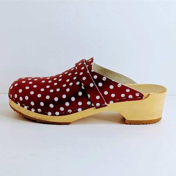 Verka Polka Dot Clogs 40 Red White Slip On Wood Platform Retro Aesthetic Chic - Picture 10 of 14